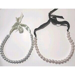 Fashion Statement Lot 2 Faux Cream Pearl Satin Black &White Tie Necklace